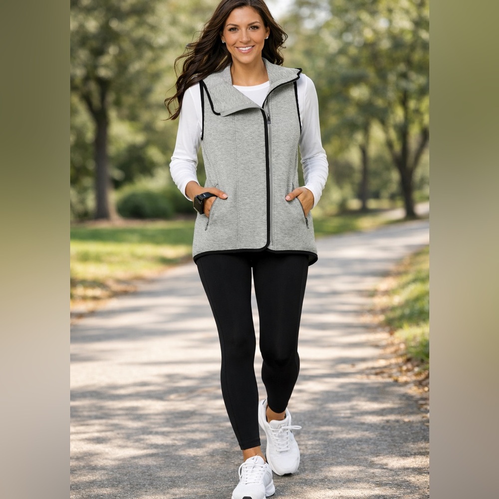 Zuda Hooded Zip Front Vest XXS Gray Black Trim Athleisure High-Low‎ Hem